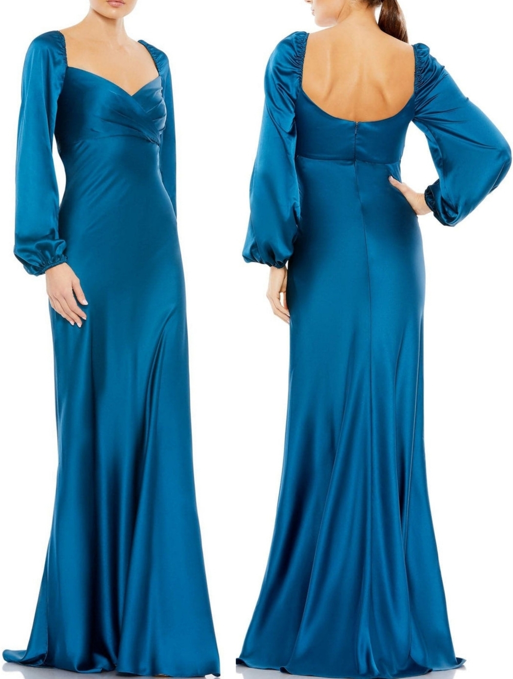 Mac Duggal 495191 Blue Bishop Sleeve Sweetheart Neck Column Gown Dress 12 NWT
